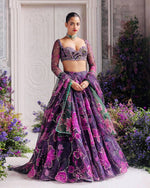 Wine Purple Floral PrintTabby Silk Lehenga Choli Sequins Work Dupatta Wedding