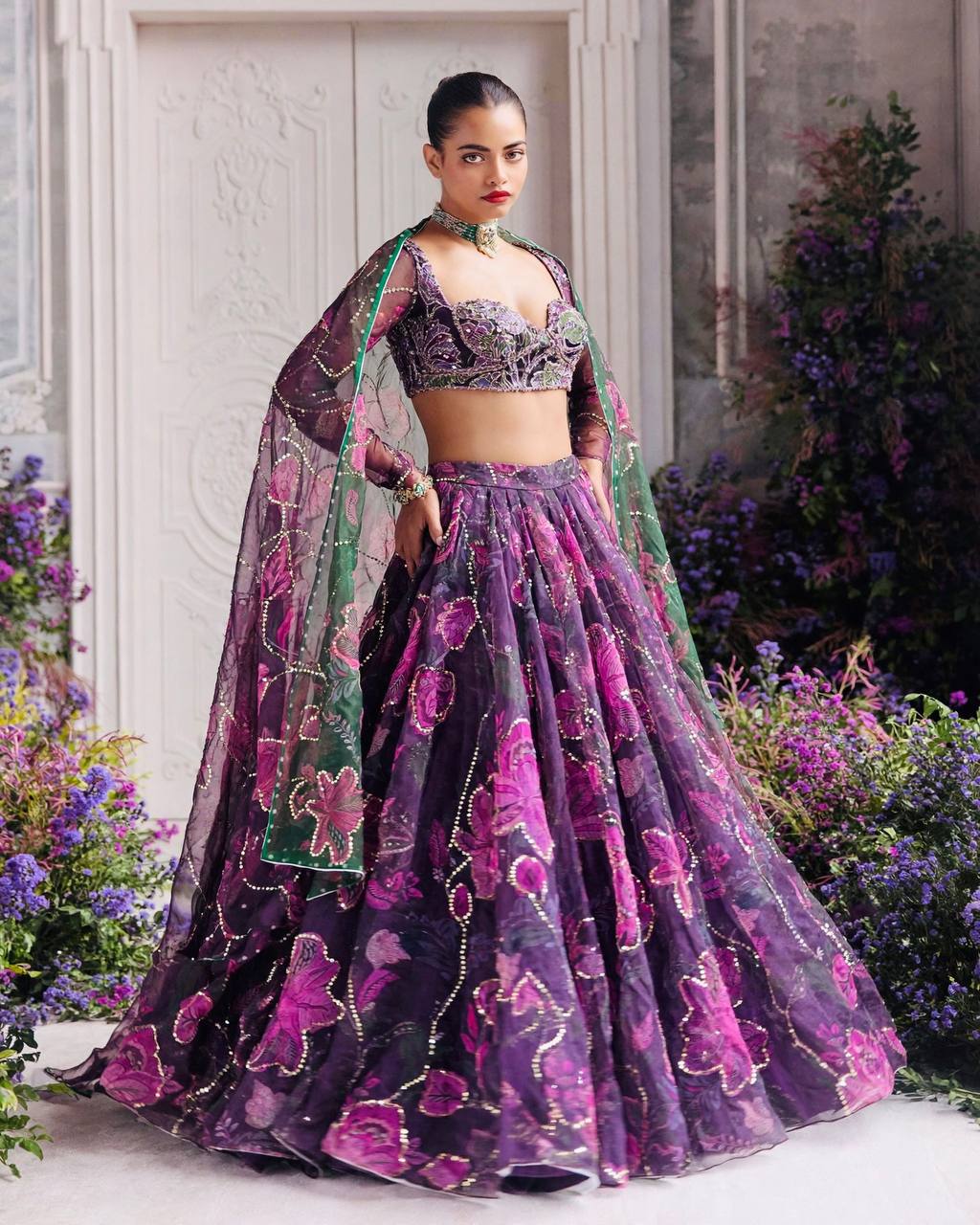 Wine Purple Floral PrintTabby Silk Lehenga Choli Sequins Work Dupatta Wedding