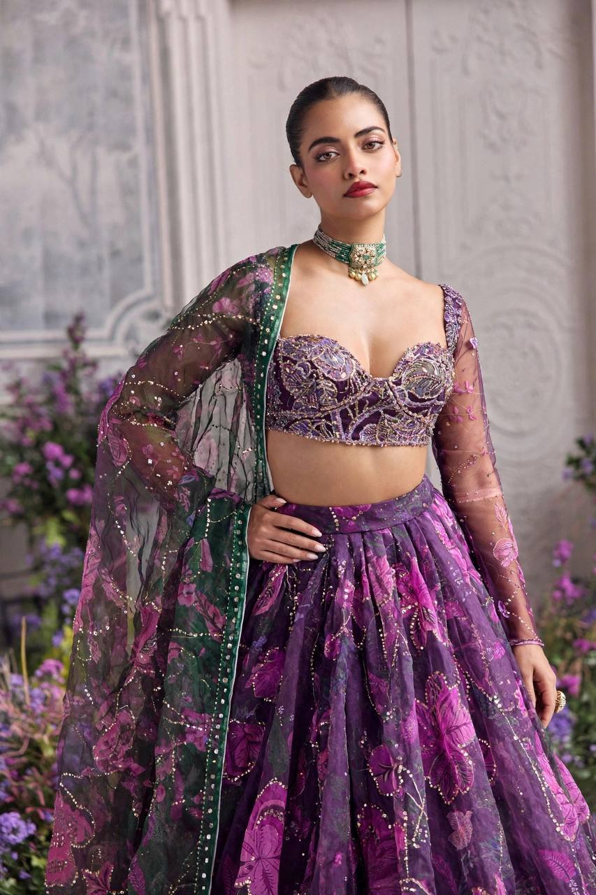 Wine Purple Floral PrintTabby Silk Lehenga Choli Sequins Work Dupatta Wedding