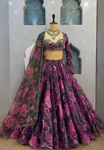 Wine Purple Floral PrintTabby Silk Lehenga Choli Sequins Work Dupatta Wedding