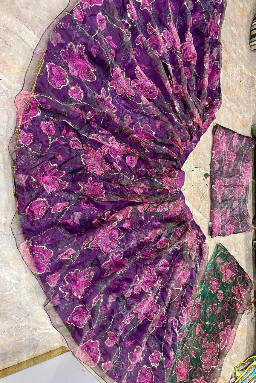 Wine Purple Floral PrintTabby Silk Lehenga Choli Sequins Work Dupatta Wedding