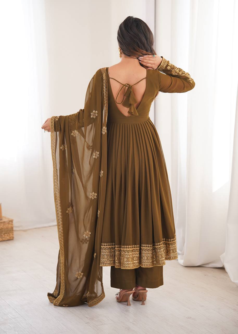 Mehndi Green Georgette Anarkali Suit Set with Pant Dupatta Sequins Work Party