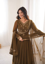 Mehndi Green Georgette Anarkali Suit Set with Pant Dupatta Sequins Work Party