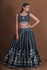 Bottle Green Georgette Lehenga Choli Silver Zari Sequins Work Net Dupatta Wedding