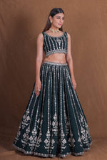 Bottle Green Georgette Lehenga Choli Silver Zari Sequins Work Net Dupatta Wedding