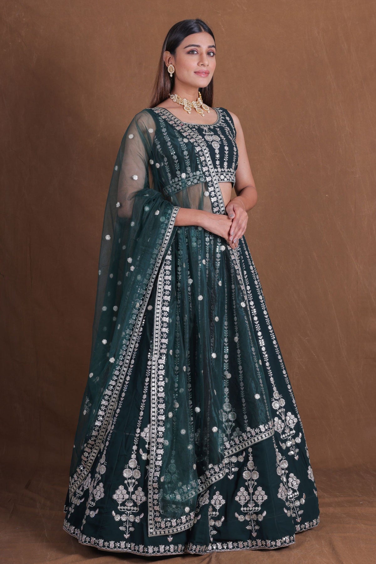 Bottle Green Georgette Lehenga Choli Silver Zari Sequins Work Net Dupatta Wedding