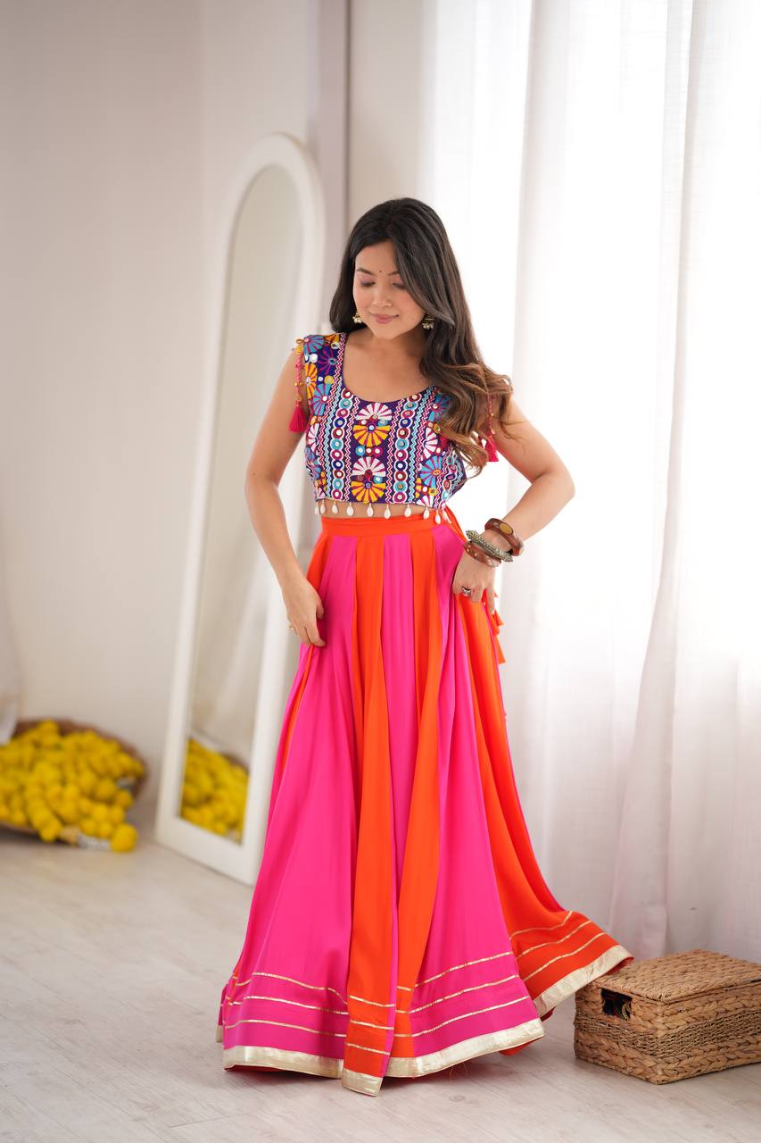 Navratri Pink Orange Chaniya Choli Gota Patti Kutchi Mirror Work Blouse Garba