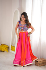 Navratri Pink Orange Chaniya Choli Gota Patti Kutchi Mirror Work Blouse Garba
