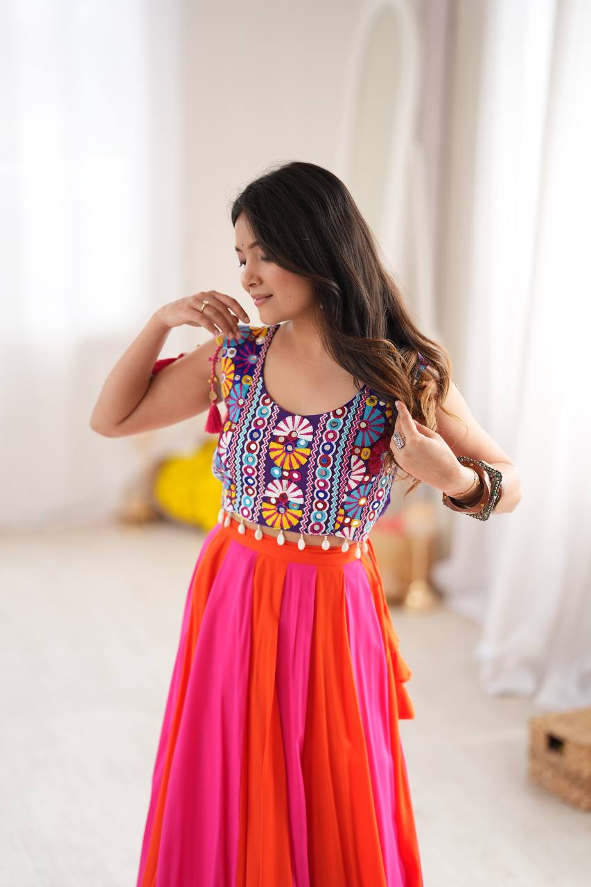 Navratri Pink Orange Chaniya Choli Gota Patti Kutchi Mirror Work Blouse Garba