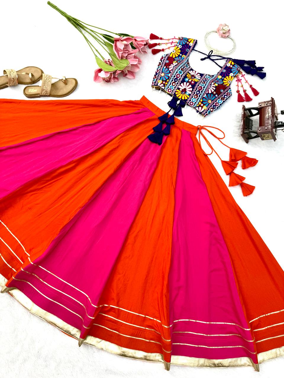 Navratri Pink Orange Chaniya Choli Gota Patti Kutchi Mirror Work Blouse Garba