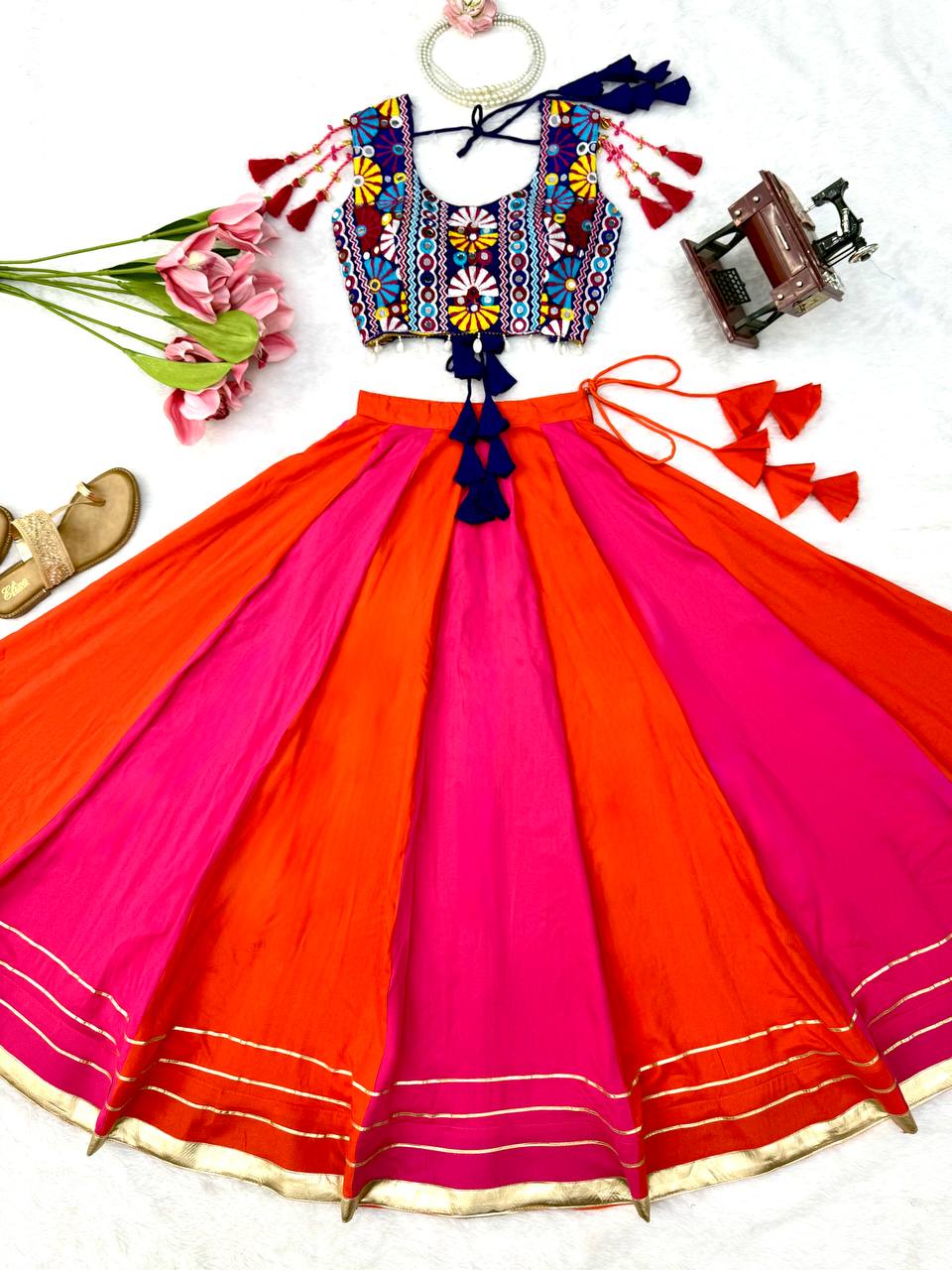 Navratri Pink Orange Chaniya Choli Gota Patti Kutchi Mirror Work Blouse Garba