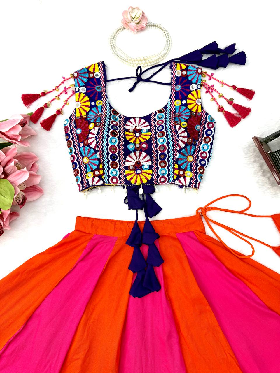 Navratri Pink Orange Chaniya Choli Gota Patti Kutchi Mirror Work Blouse Garba
