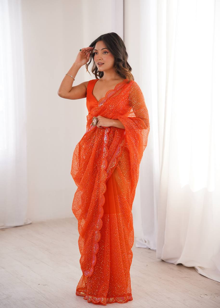 Pista Green And White And OrengeSequins Work Net Saree with Blouse Scalloped Border Party Wear