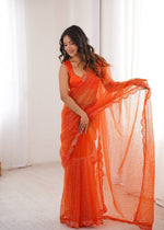 Pista Green And White And OrengeSequins Work Net Saree with Blouse Scalloped Border Party Wear