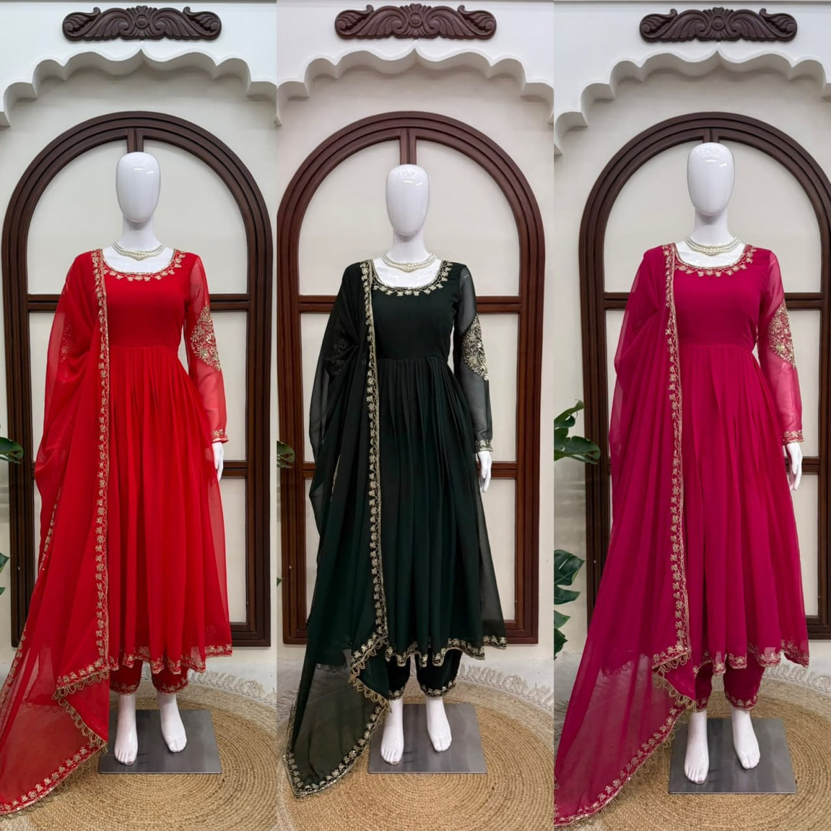 Faux Georgette Anarkali Gown with Pant Dupatta Thread Sequence Work Party Wear