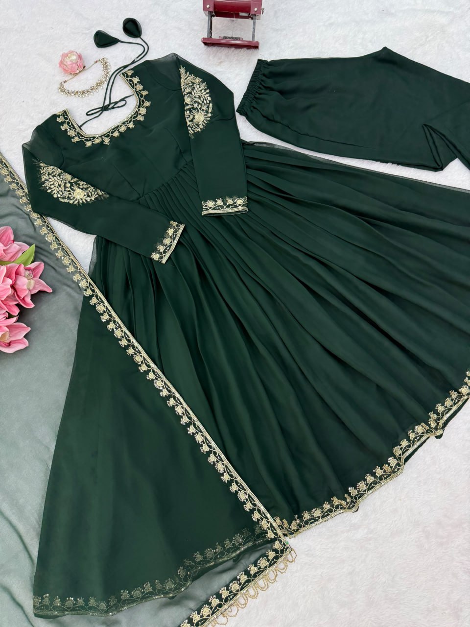 Faux Georgette Anarkali Gown with Pant Dupatta Thread Sequence Work Party Wear