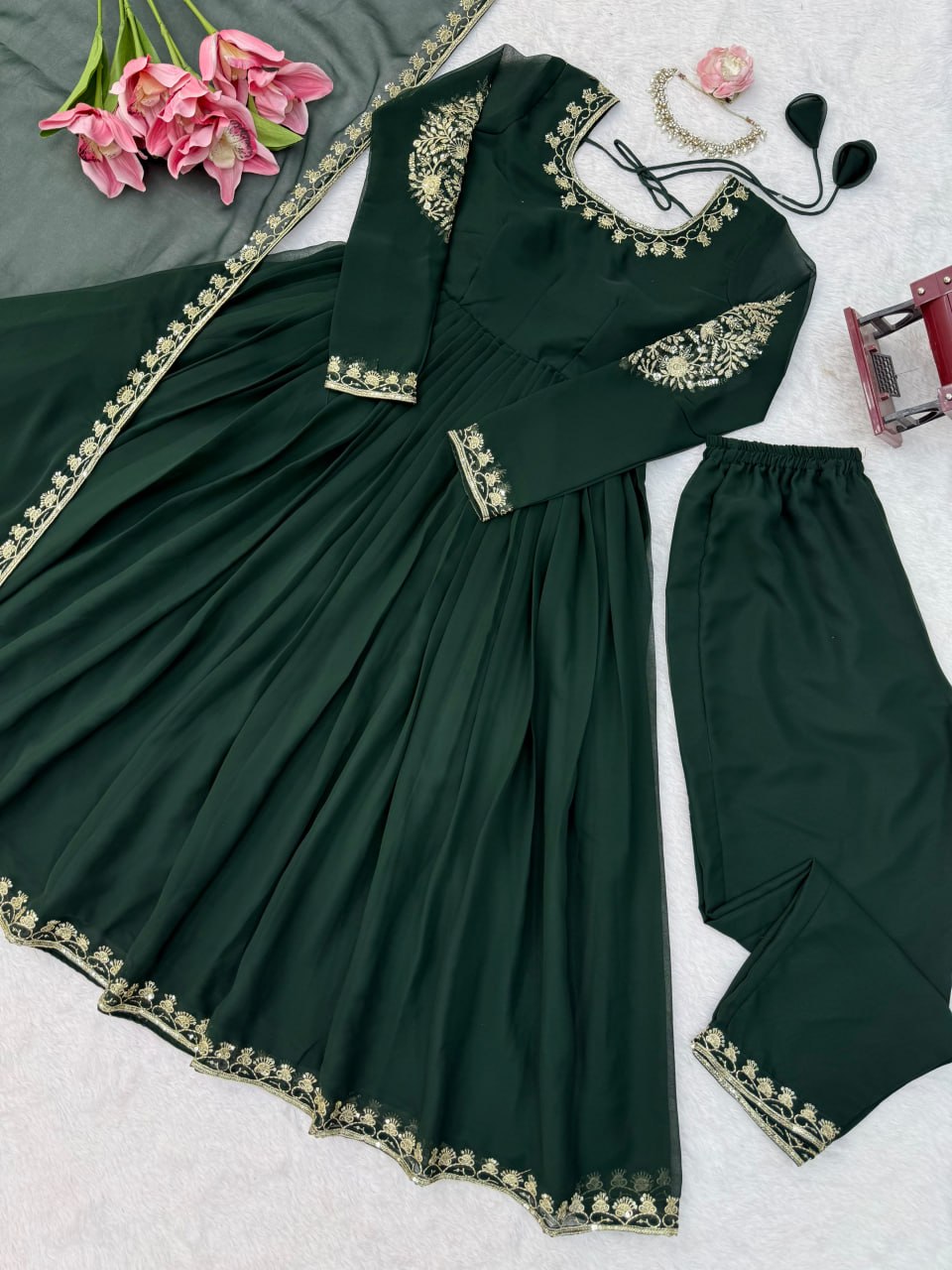 Faux Georgette Anarkali Gown with Pant Dupatta Thread Sequence Work Party Wear