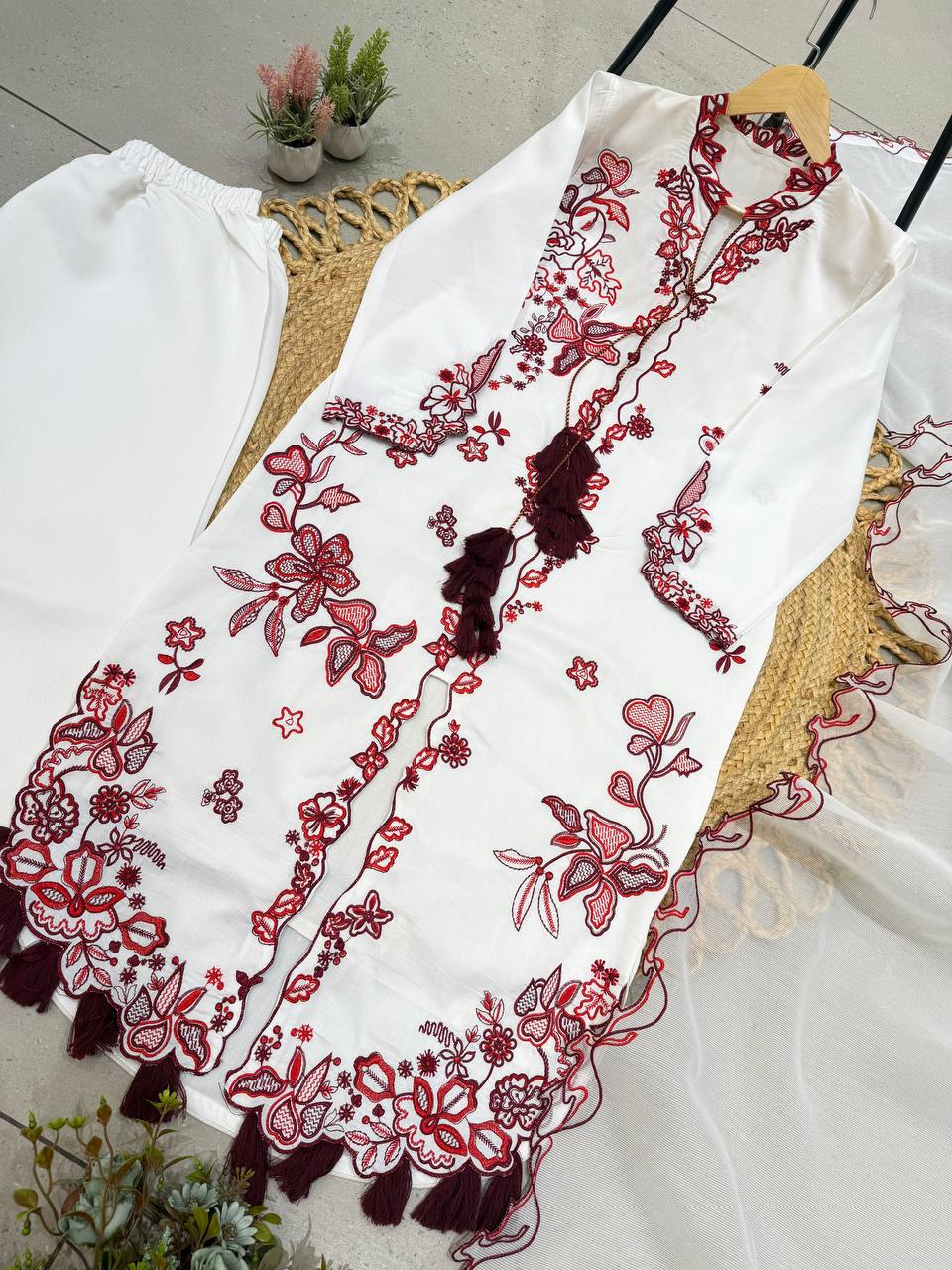 Pakistani Style Roman Silk Kurti Pant Dupatta Set Embroidery Work Festive