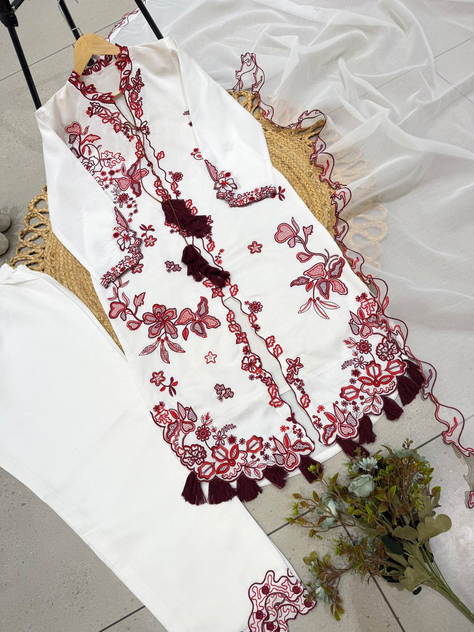 Pakistani Style Roman Silk Kurti Pant Dupatta Set Embroidery Work Festive