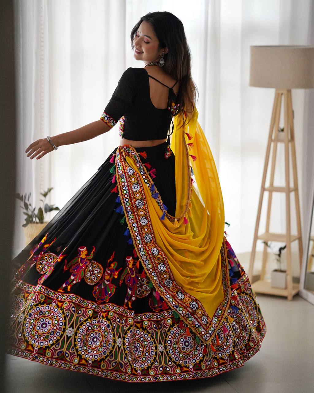 Navratri Black Chaniya Choli Kutchi Mirror Work with Yellow Dupatta Garba