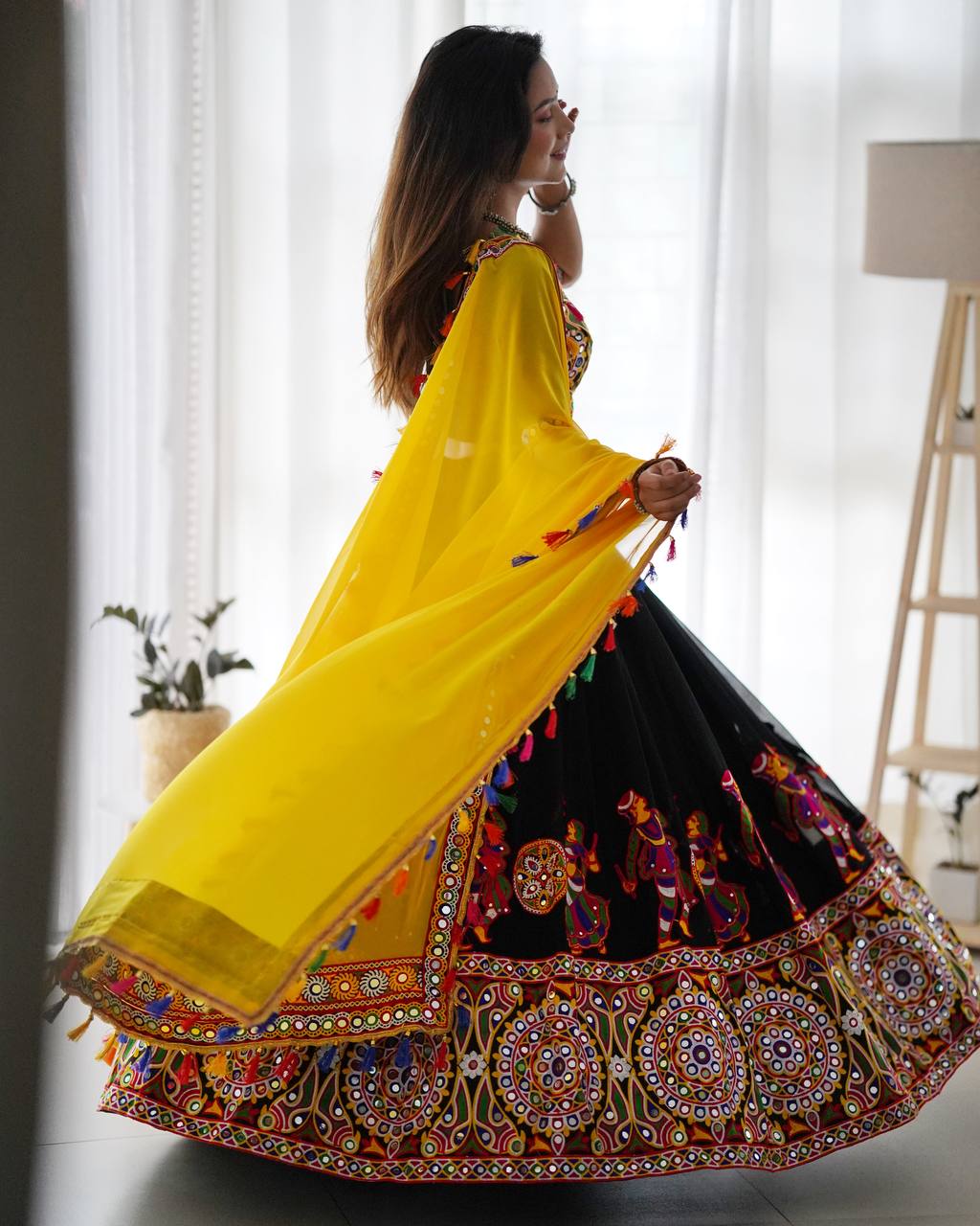 Navratri Black Chaniya Choli Kutchi Mirror Work with Yellow Dupatta Garba