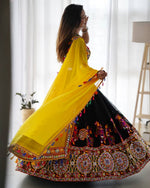 Navratri Black Chaniya Choli Kutchi Mirror Work with Yellow Dupatta Garba