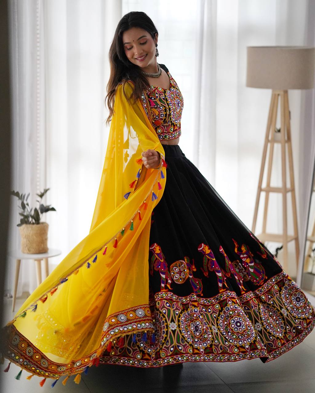 Navratri Black Chaniya Choli Kutchi Mirror Work with Yellow Dupatta Garba