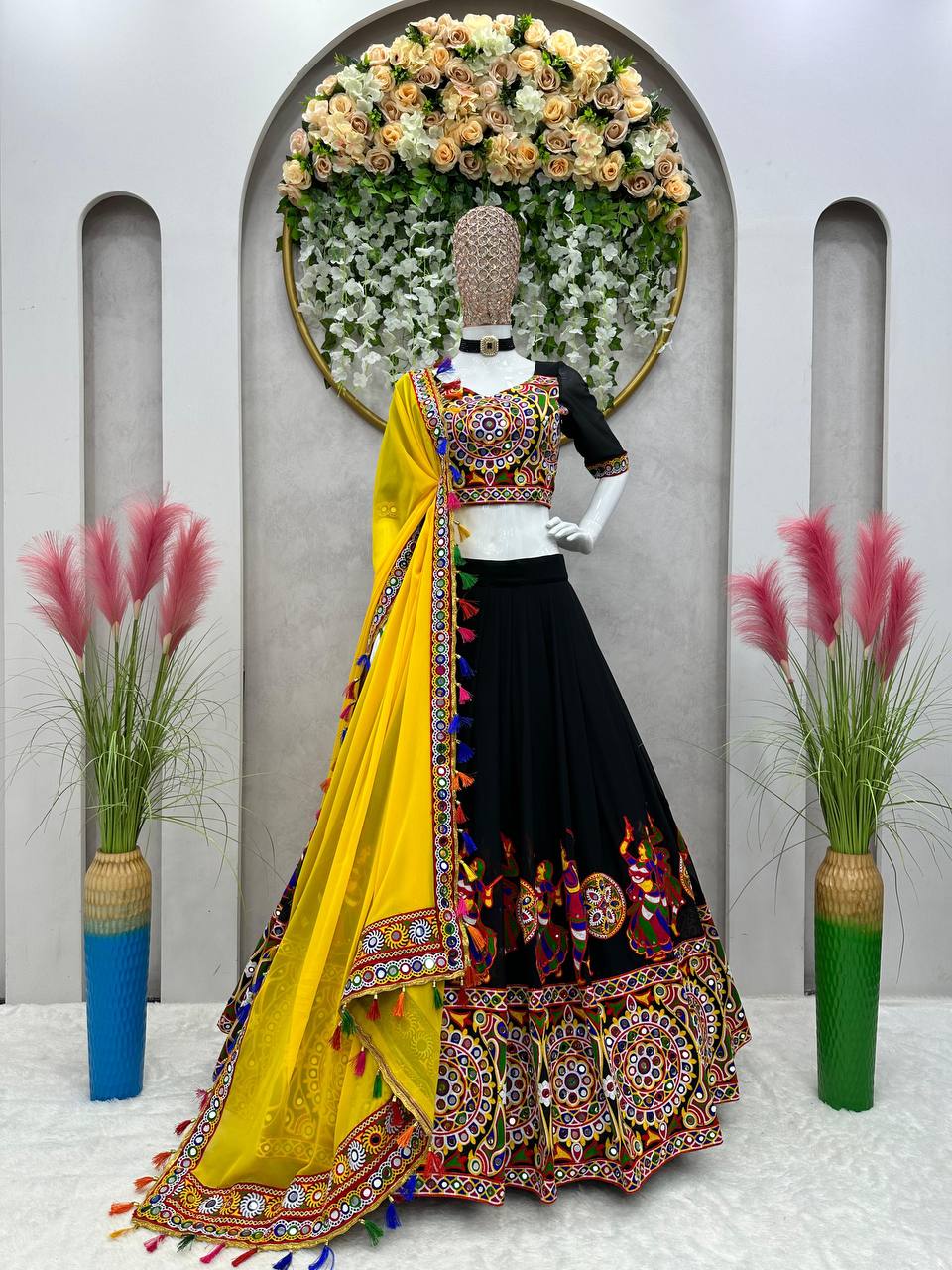 Navratri Black Chaniya Choli Kutchi Mirror Work with Yellow Dupatta Garba