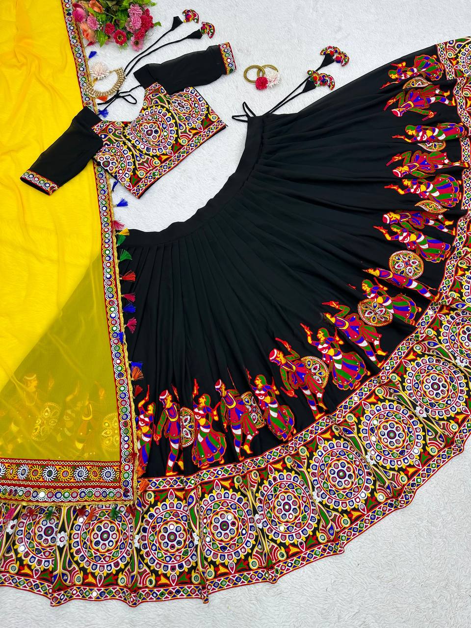 Navratri Black Chaniya Choli Kutchi Mirror Work with Yellow Dupatta Garba