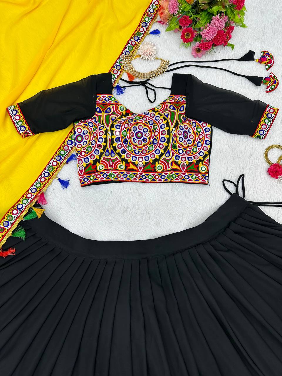 Navratri Black Chaniya Choli Kutchi Mirror Work with Yellow Dupatta Garba