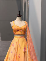 Yellow Peach Floral Digital Print Organza Lehenga Choli Mirror Lace Dupatta