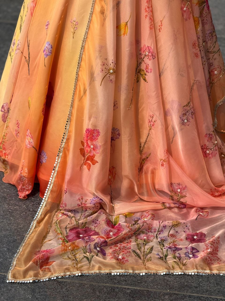 Yellow Peach Floral Digital Print Organza Lehenga Choli Mirror Lace Dupatta