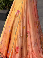Yellow Peach Floral Digital Print Organza Lehenga Choli Mirror Lace Dupatta