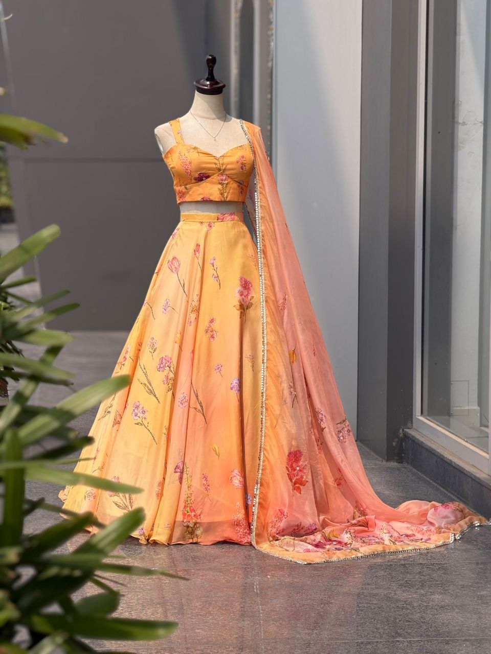 Yellow Peach Floral Digital Print Organza Lehenga Choli Mirror Lace Dupatta