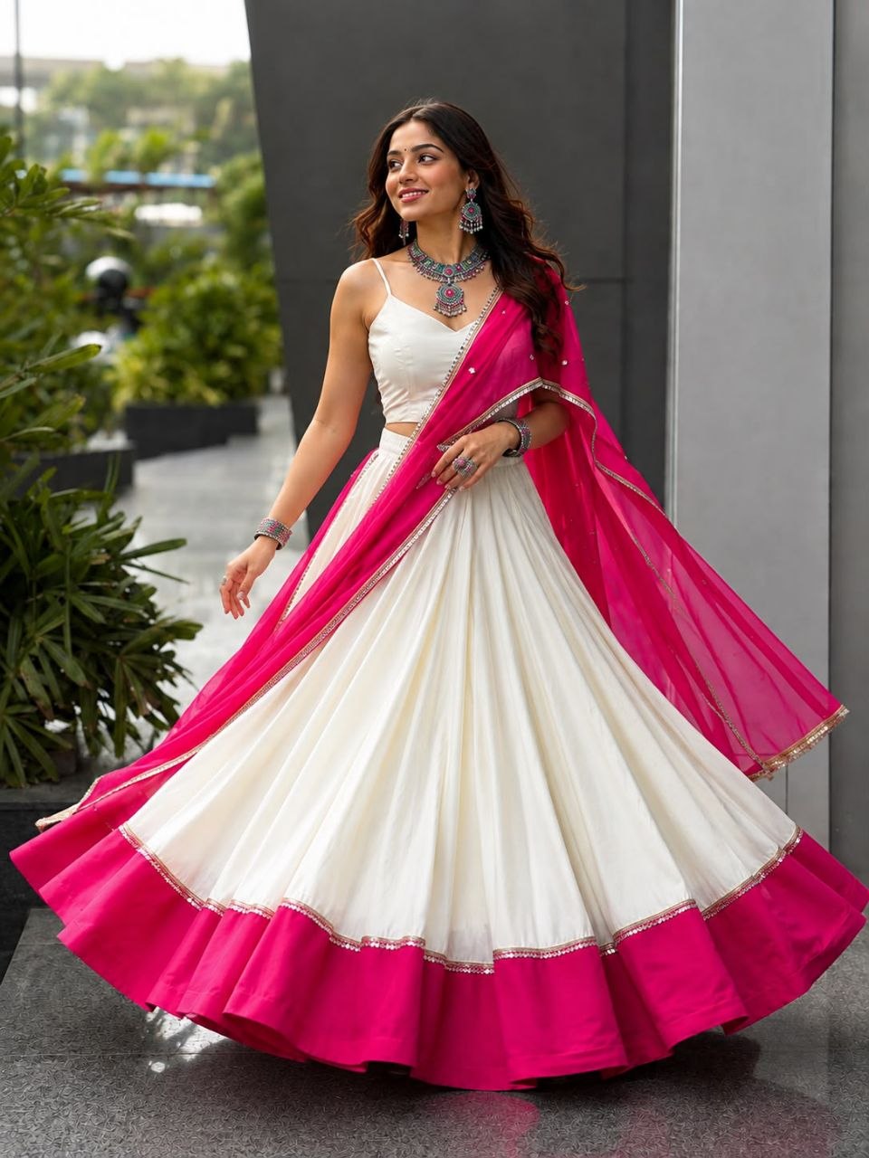 Navratri Cotton Chaniya Choli Mirror Work Lace Fully Stitched Garba Lehenga