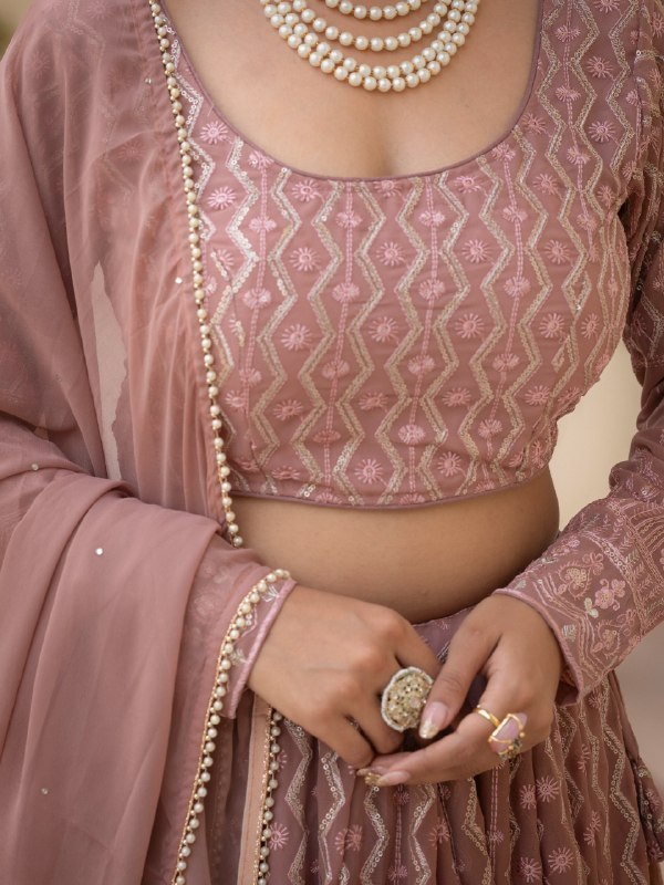 Rosy Brown Faux Georgette Lehenga Choli Thread Zari Sequence Work Semi Stitched
