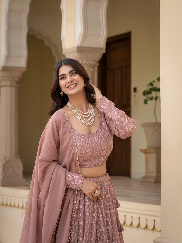 Rosy Brown Faux Georgette Lehenga Choli Thread Zari Sequence Work Semi Stitched