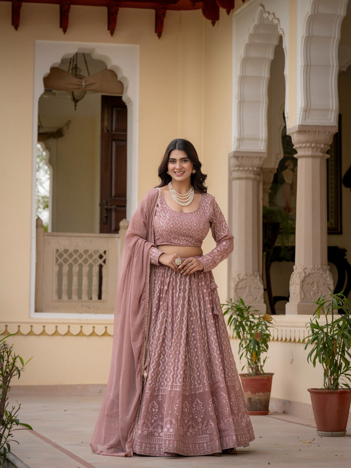 Rosy Brown Faux Georgette Lehenga Choli Thread Zari Sequence Work Semi Stitched