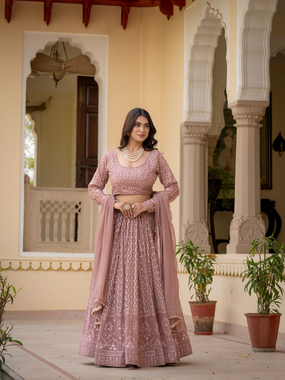 Rosy Brown Faux Georgette Lehenga Choli Thread Zari Sequence Work Semi Stitched