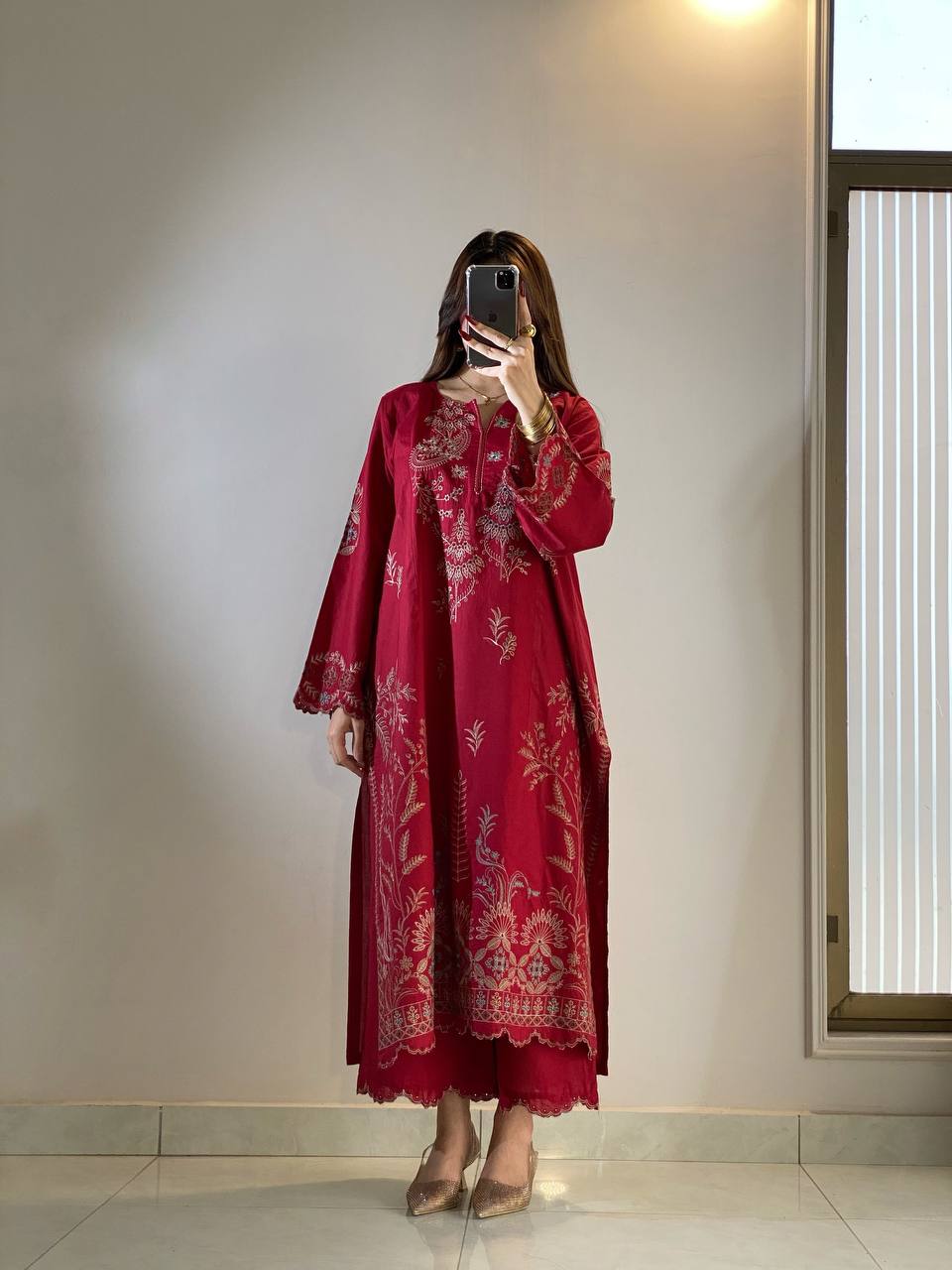 Red Pakistani Style Mul Chanderi Kurti Plazzo Dupatta Set Embroidery Work