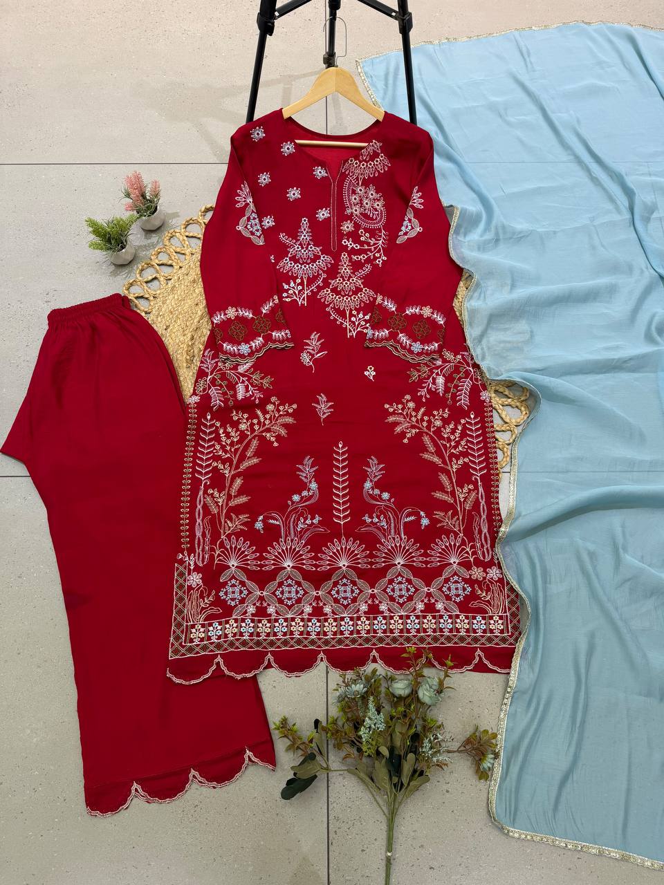 Red Pakistani Style Mul Chanderi Kurti Plazzo Dupatta Set Embroidery Work