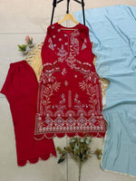 Red Pakistani Style Mul Chanderi Kurti Plazzo Dupatta Set Embroidery Work