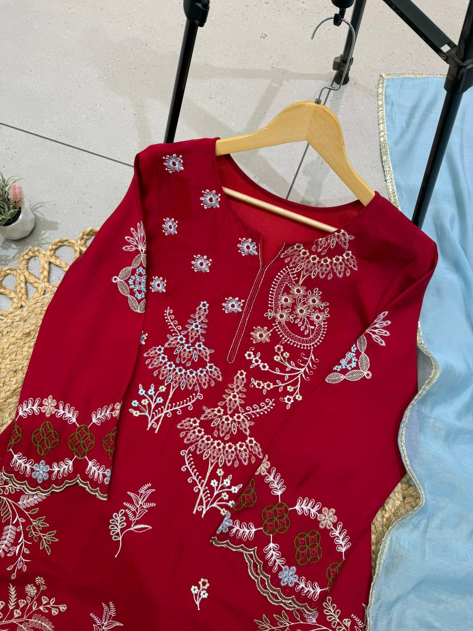 Red Pakistani Style Mul Chanderi Kurti Plazzo Dupatta Set Embroidery Work