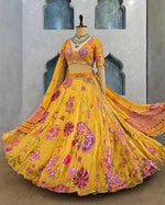 Mustard Yellow Floral Digital Print Georgette Lehenga Choli Sequins Work Haldi
