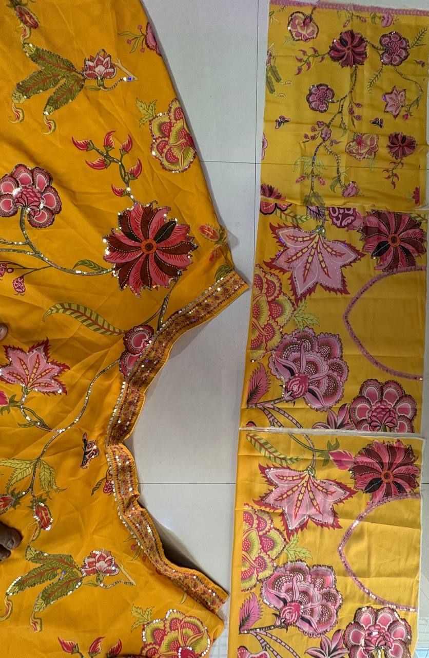 Mustard Yellow Floral Digital Print Georgette Lehenga Choli Sequins Work Haldi