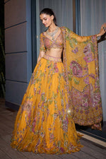 Mustard Yellow Floral Digital Print Georgette Lehenga Choli Sequins Work Haldi