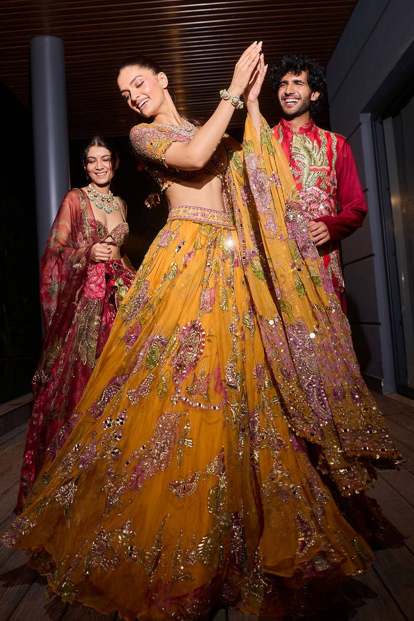 Mustard Yellow Floral Digital Print Georgette Lehenga Choli Sequins Work Haldi