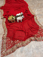 Red Faux Georgette Saree Embroidery Sequins Real Mirror Work Border with Blouse