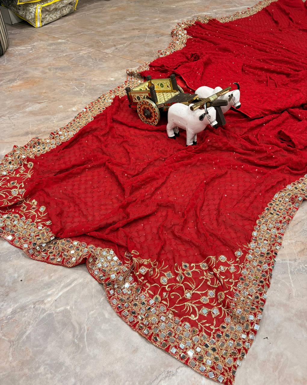 Red Faux Georgette Saree Embroidery Sequins Real Mirror Work Border with Blouse