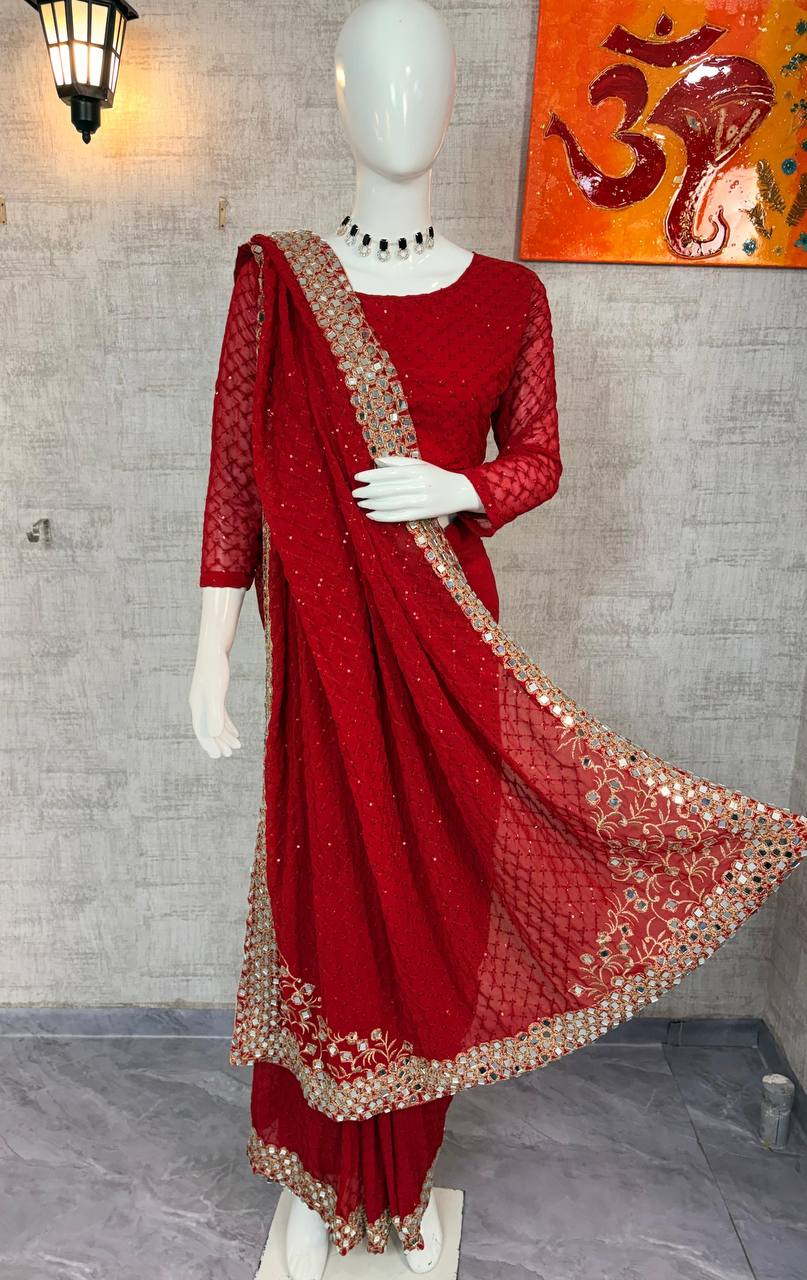 Red Faux Georgette Saree Embroidery Sequins Real Mirror Work Border with Blouse